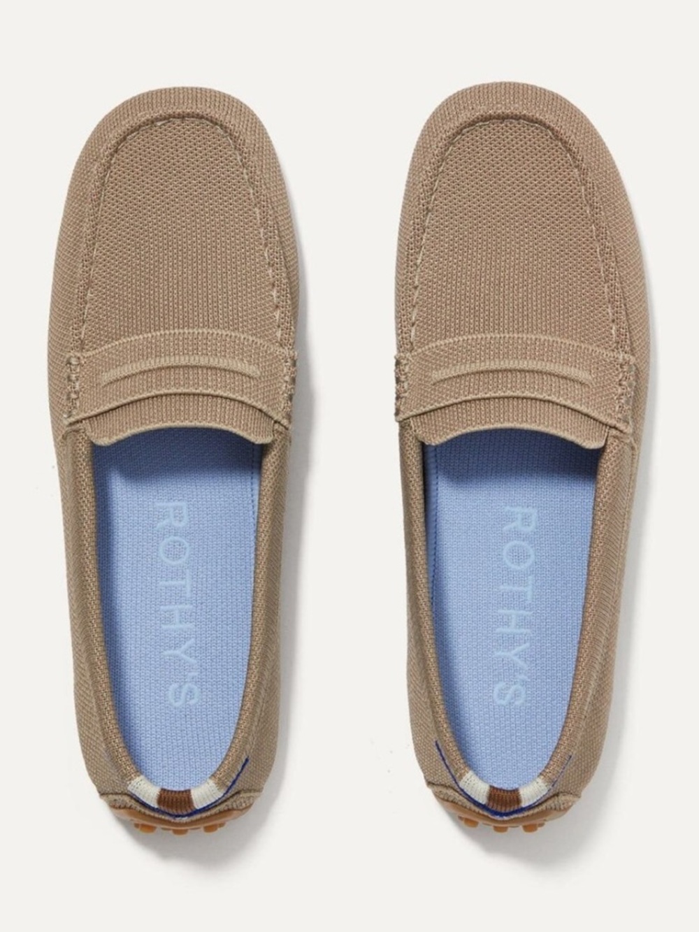 Rothy's taupe/ mushroom Canvas Penny Loafers with Light Blue Insole